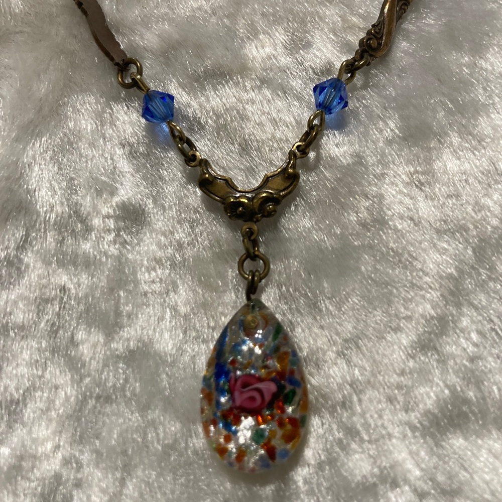 ☘️SADIE GREEN RARE Signed Antique Brass Art Deco Necklace